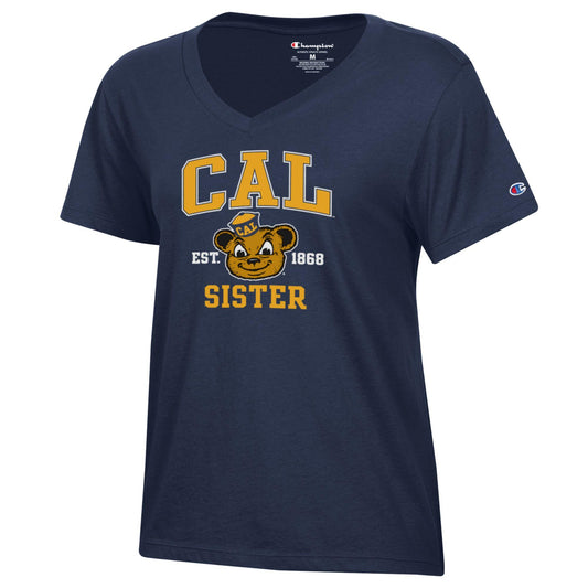 U.C. Berkeley Arch Cal over Oski Head Between 1868 Sister V-Neck T-Shirt-Navy-Shop College Wear