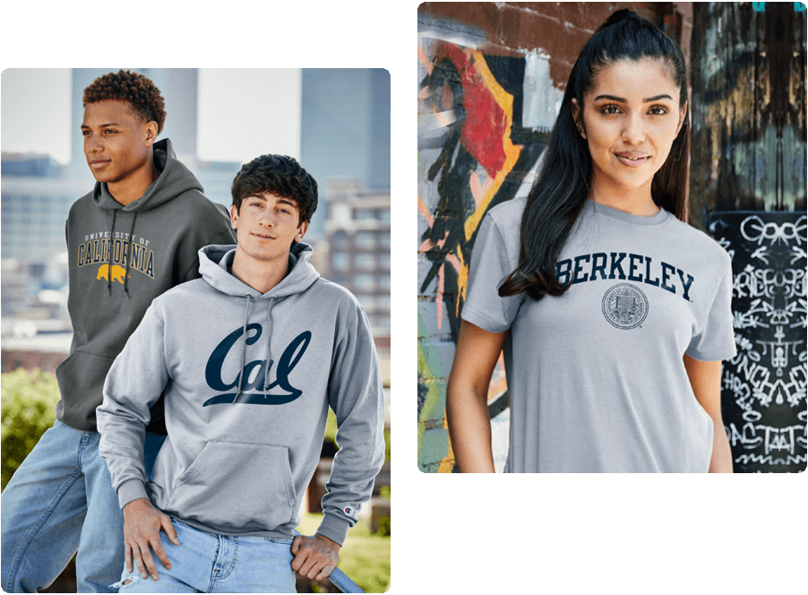 Two young men in university hoodies and a woman in a T-shirt posing in urban settings.