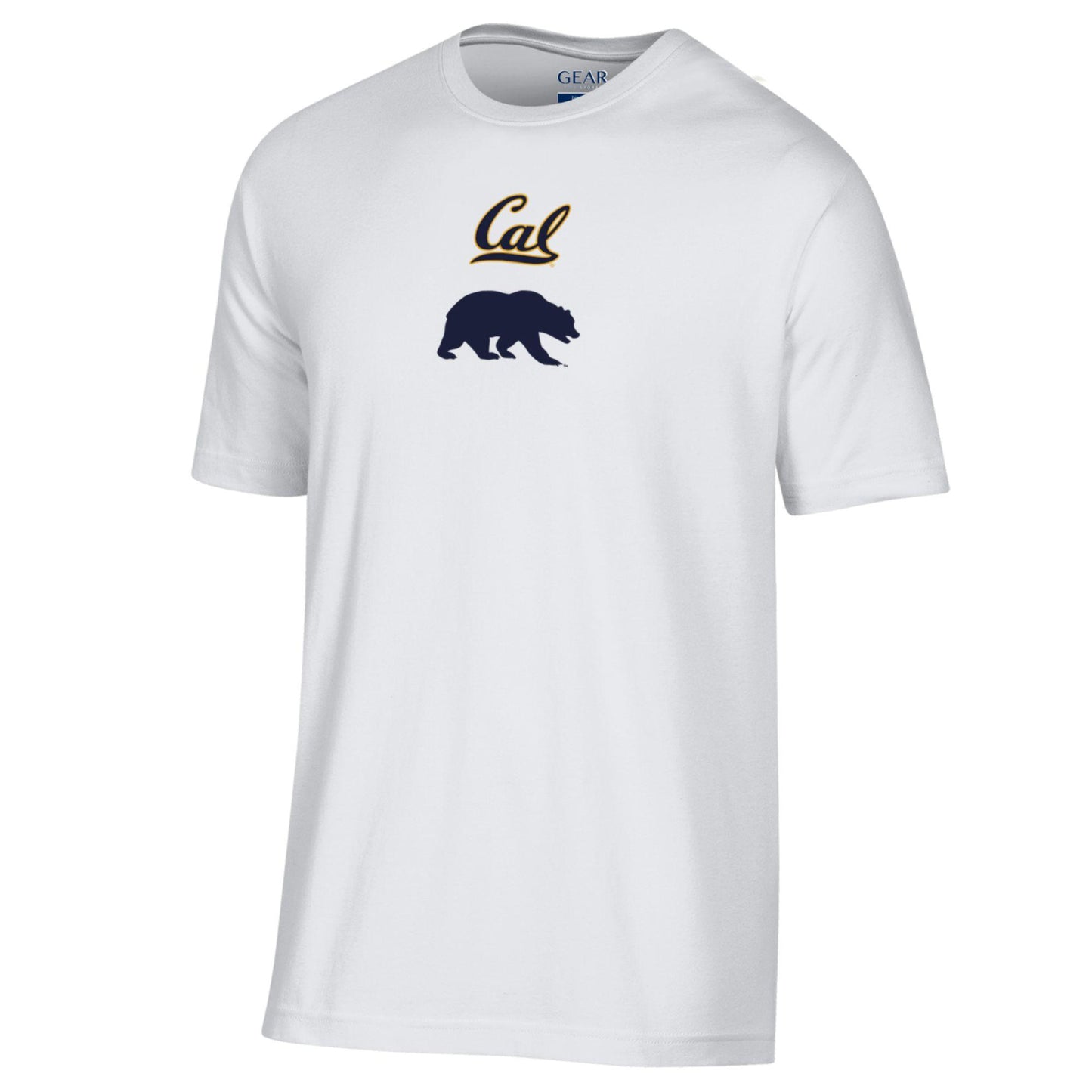 U.C. Berkeley Cal Script on top of walking Bear Mascot Men's Soft T-Shirt-White-Shop College Wear