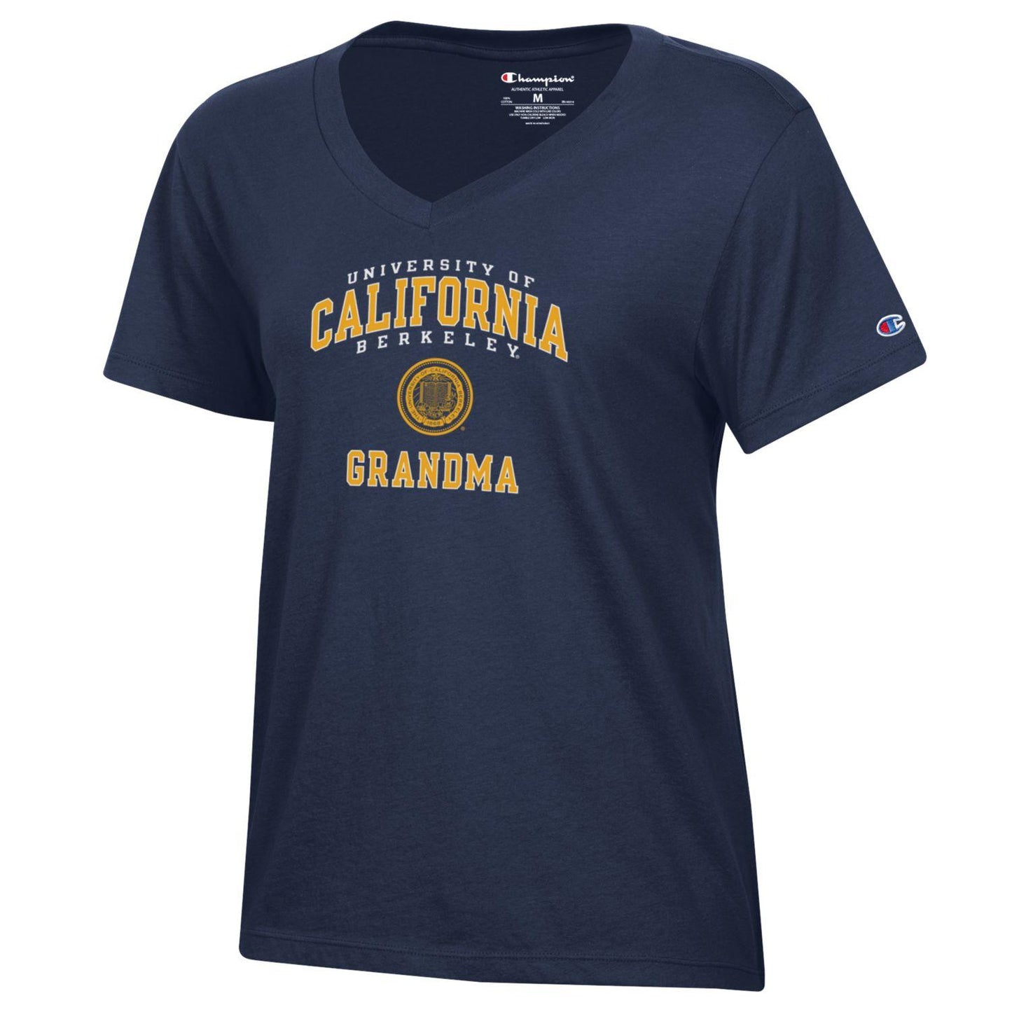 U.C. Berkeley three arch GrandMa Champion women's V-Neck T-Shirt-Navy-Shop College Wear