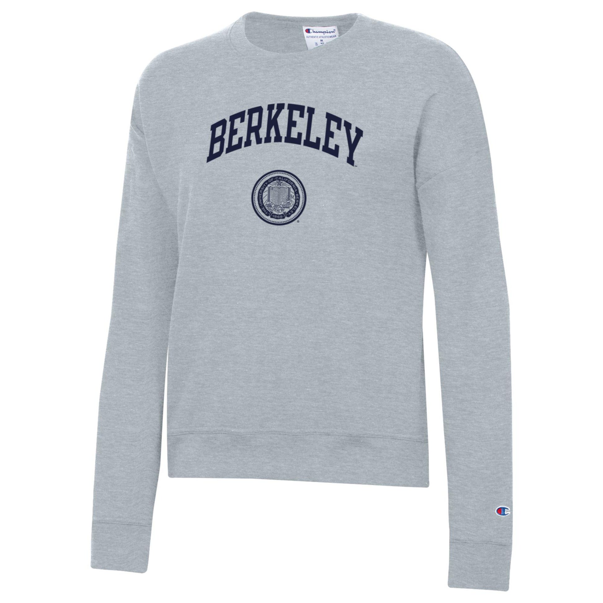 U.C. Berkeley Cal Champion women's Berkeley arch& seal crew-neck sweatshirt-Gray-Shop College Wear