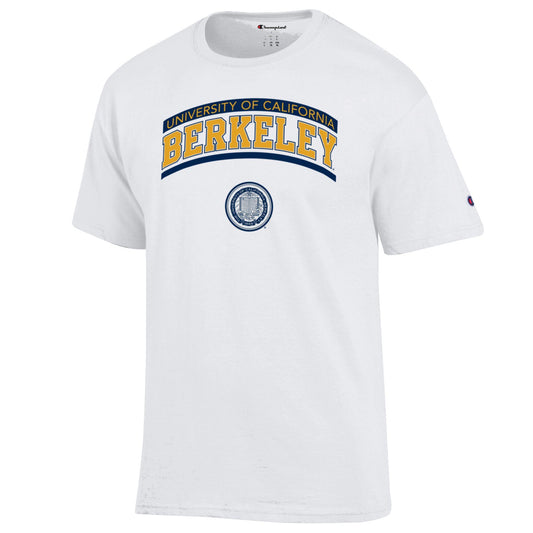 U.C. Berkeley Cal arch & seal Navy Gold Men's Champion T-Shirt-White-Shop College Wear