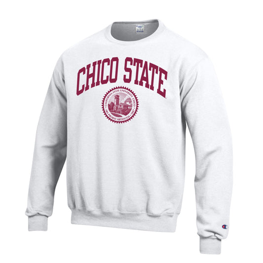 California State University Chico Wildcats Arch & seal Crew-Neck Sweatshirt-White-Shop College Wear