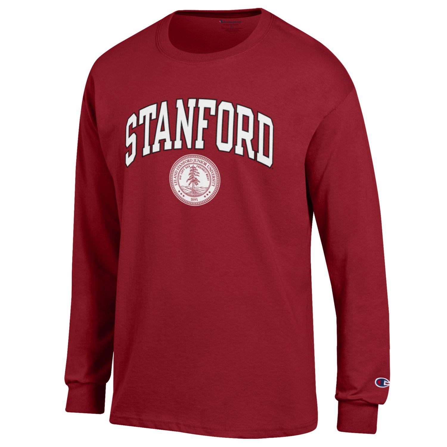 Shop College Wear Stanford Cardinals Arch & Seal Men's Champion Long Sleeve T-Shirt-Cardinal, Size: 2XL, Red