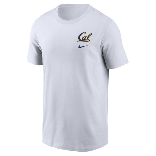 U.C. Berkeley bold Cal left chest Nike legend Dri-Fit cotton T-Shirt-WhiteBold cal is Navy in gold outline.