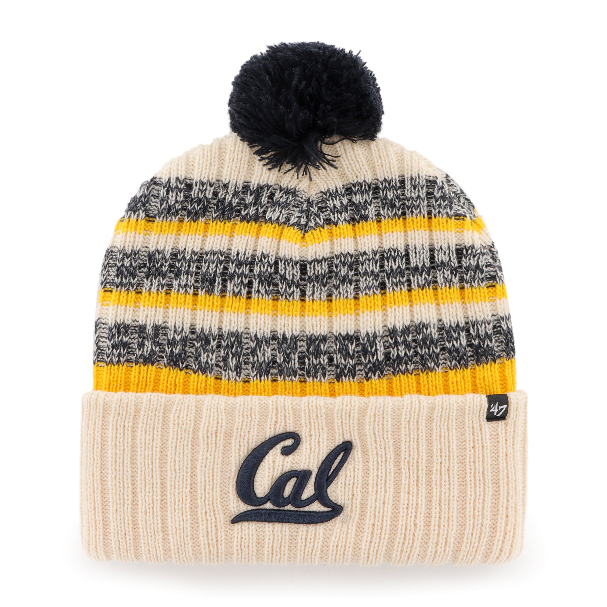 U.C. Berkeley Cal Bears team color stripe and natural cable knit cuff Pom beanie hat -Navy-Natural-Shop College Wear