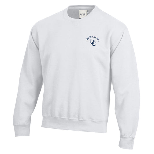 U.C. Berkeley Cal cotton rich crew neck sweatshirt with Berkeley UC Interlocking Logo embroidery- White-Shop College Wear