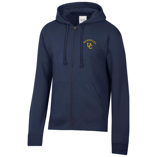 UC Berkeley embroidered rich cotton men's zip-Up sweatshirt with Berkeley over interlocking UC logo-Navy-Shop College Wear