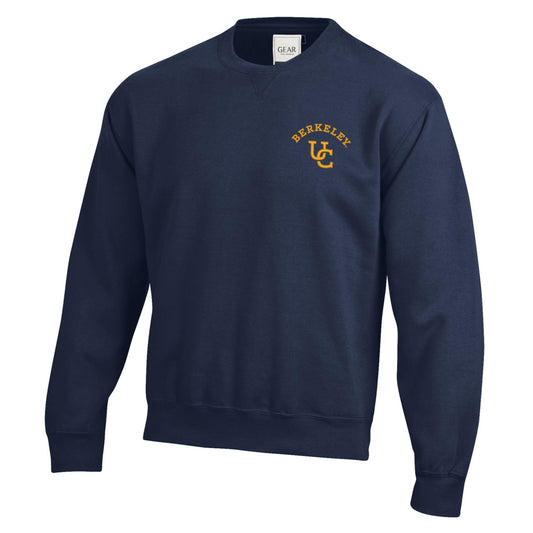 U.C. Berkeley cotton rich crew-neck sweatshirt with embroidered Berkeley arch over UC interlocking logo-Navy-Shop College Wear