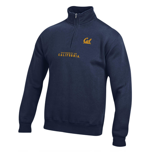 UC Berkeley embroidered Cal Script left side University above California Men's Big Cotton quarter zip sweatshirt-Navy-Shop College Wear