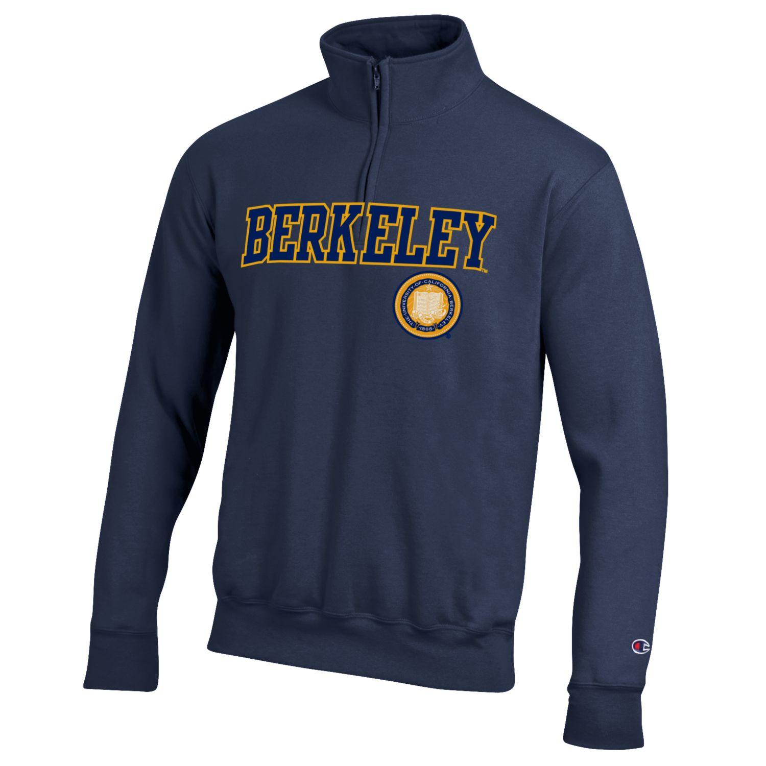 U.C. Berkeley Cal double layer applique Berkeley Seal Champion quarter zip sweatshirt-Navy-Shop College Wear