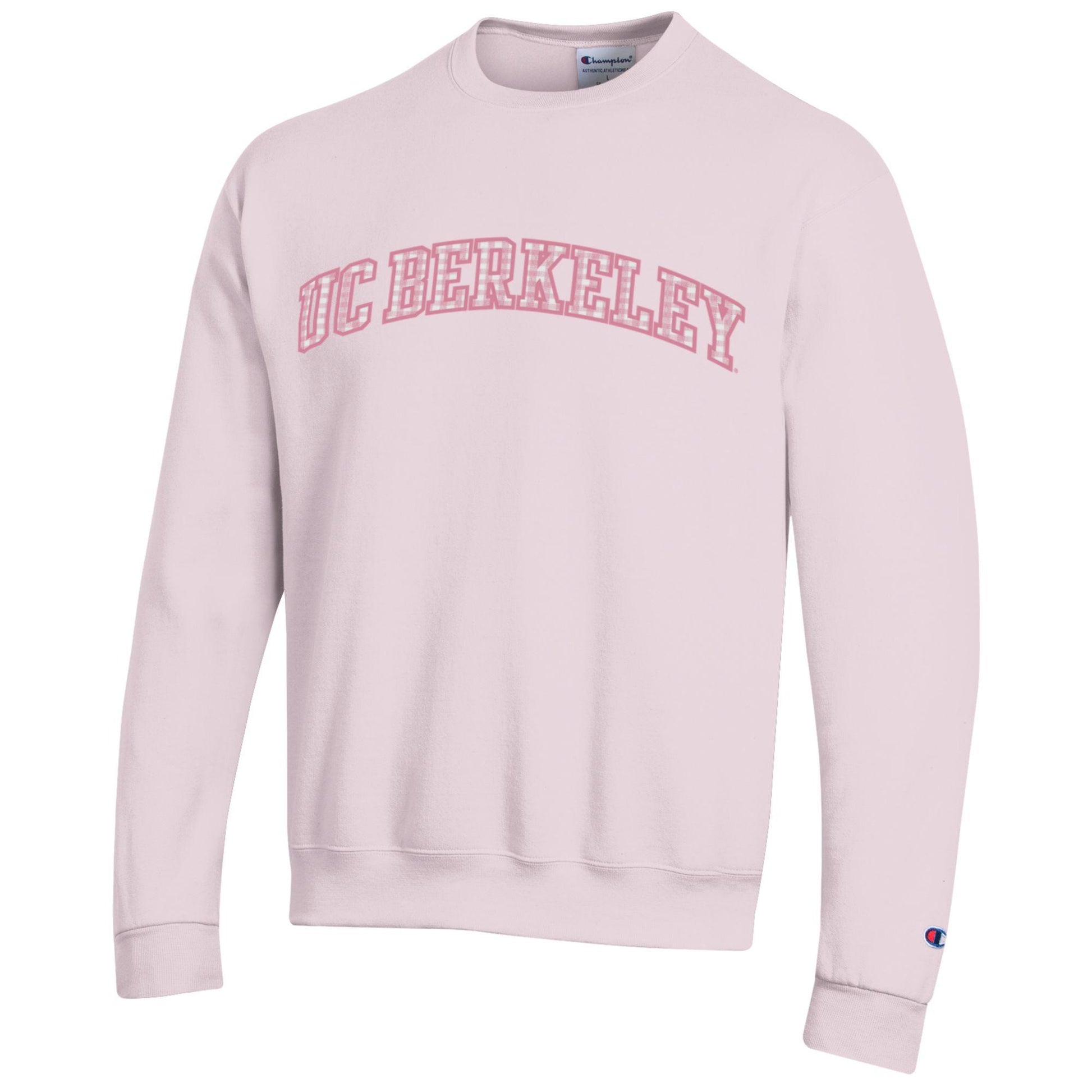 UC Berkeley Gingham embroidered applique crew neck sweatshirt-Pink-Shop College Wear