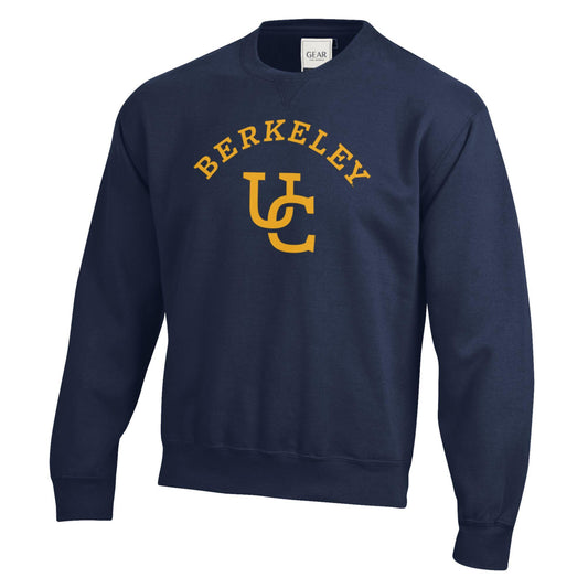 U.C. Berkeley cotton rich crew-neck sweatshirt with the UC interlocking logo and Berkeley-Navy-Shop College Wear