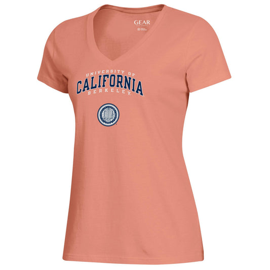 UC Berkeley three arch and seal V-Neck women's T-Shirt-Peach-Shop College Wear