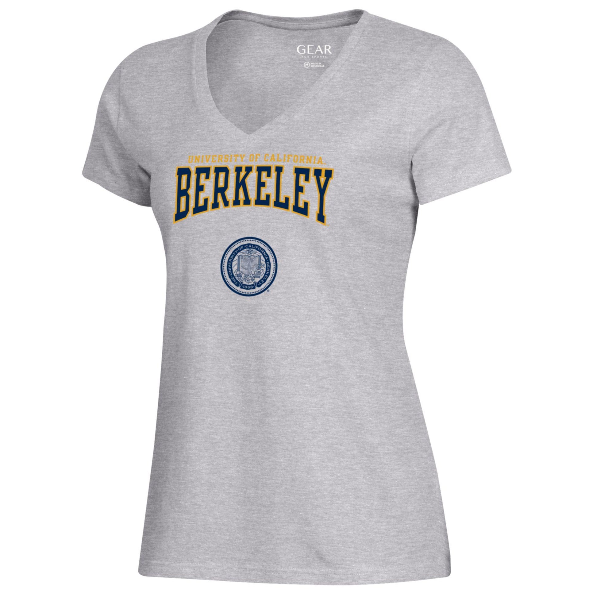 UC Berkeley Cal women's V-Neck relaxed T-Shirt with University of California Berkeley over the school seal-Gray-Shop College Wear