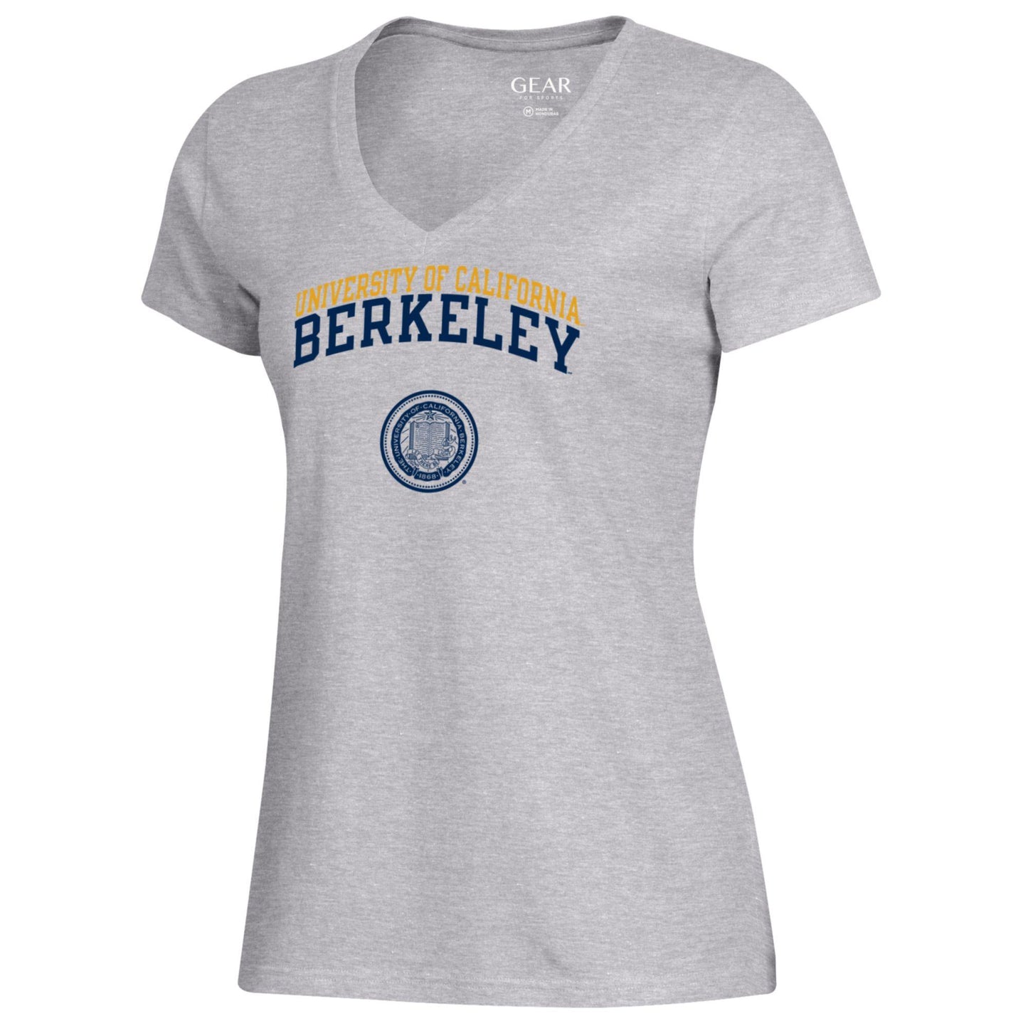 UC Berkeley Cal women's double arch and seal V-Neck relaxed T-Shirt with University of California Berkeley over the school seal-Gray-Shop College Wear