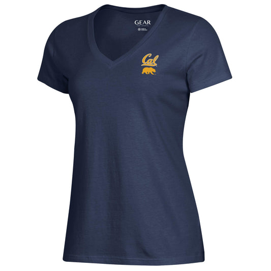 UC Berkeley Cal women's V-Neck relaxed T-Shirt with the script Cal over the Bear mascot-Navy-Shop College Wear