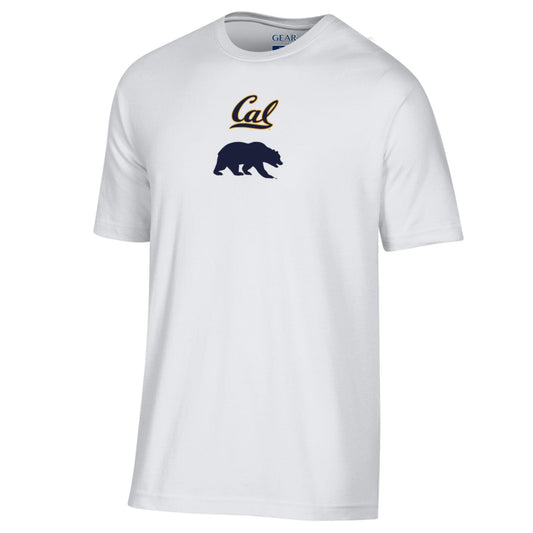 U.C. Berkeley Cal Script on top of walking Bear Mascot Men's Soft T-Shirt-White-Shop College Wear