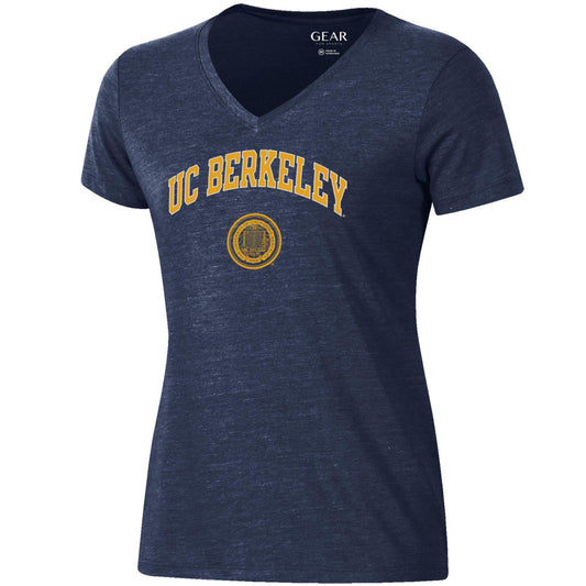 U.C. Berkeley Arch and seal tri blend V-neck T-Shirt-Navy-Shop College Wear