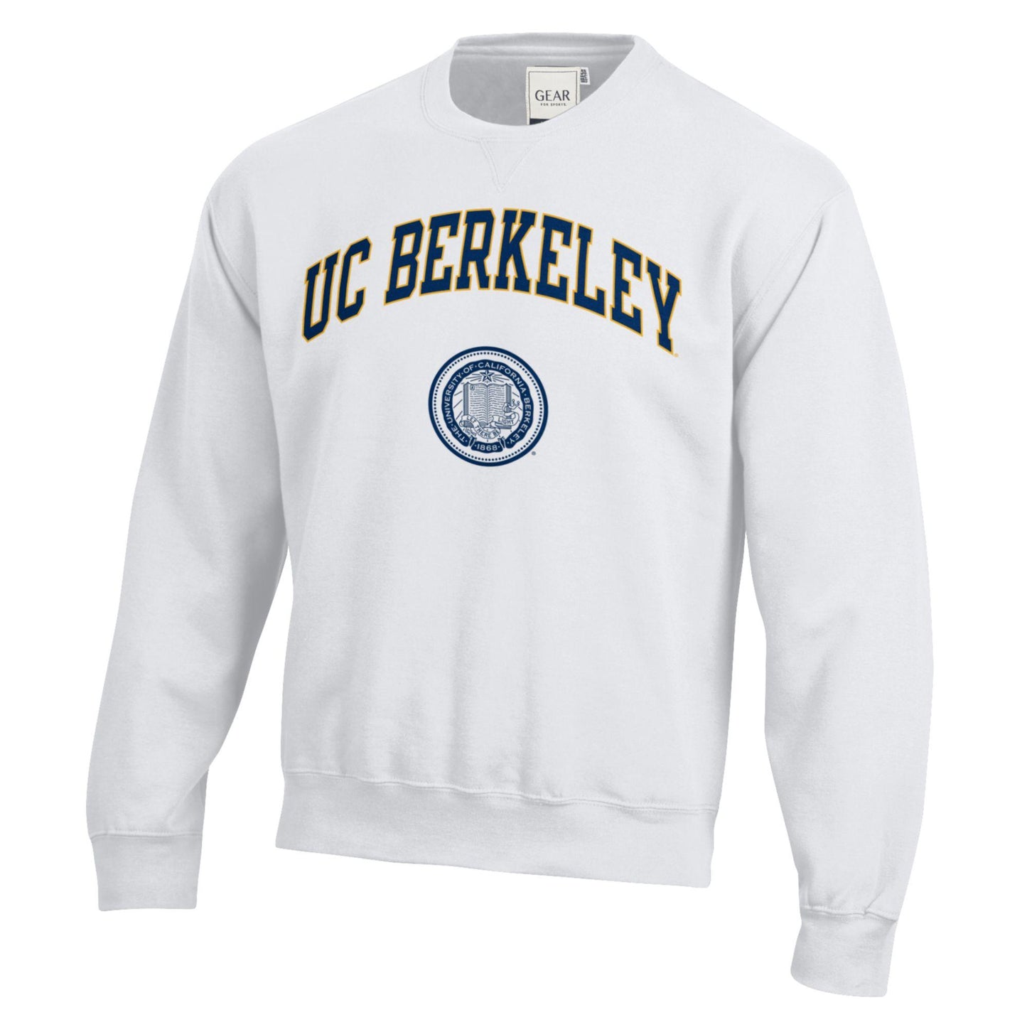 U.C. Berkeley Arch Over School Seal Navy In Gold Out cotton rich Men crew neck sweatshirt - White-Shop College Wear