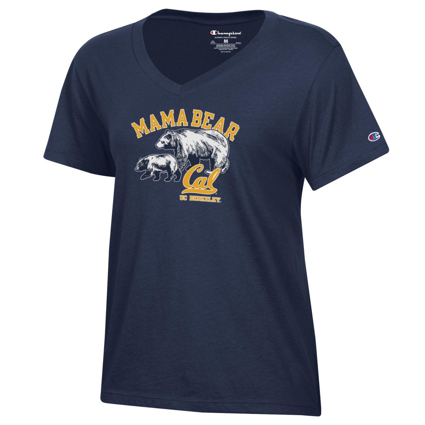 U.C. Berkeley arch Mama Bear and Cal Champion women's V-Neck T-Shirt-Navy-Shop College Wear