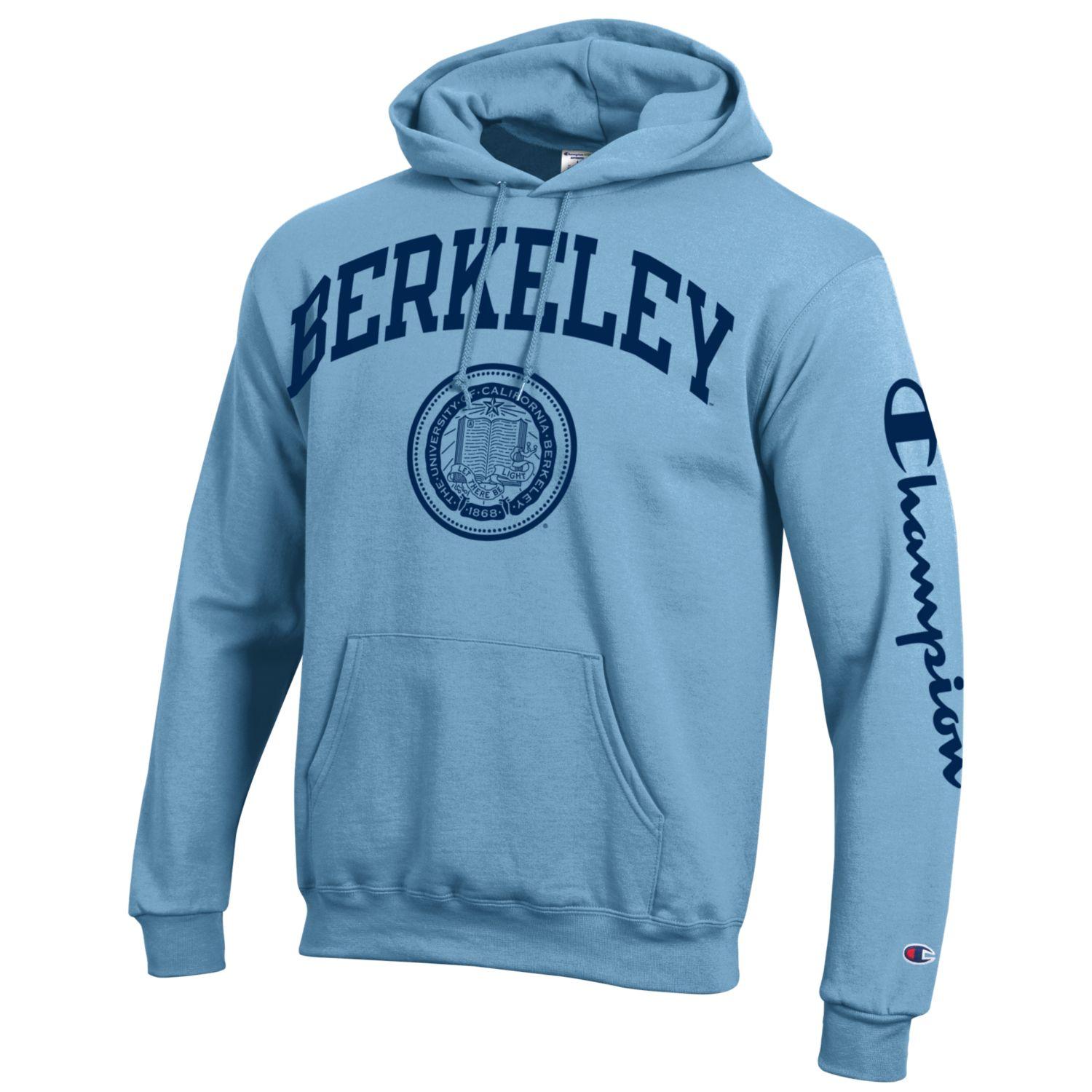 U.C. Berkeley arch & seal with script Champion hoodie sweatshirt-Denim Blue-Shop College Wear