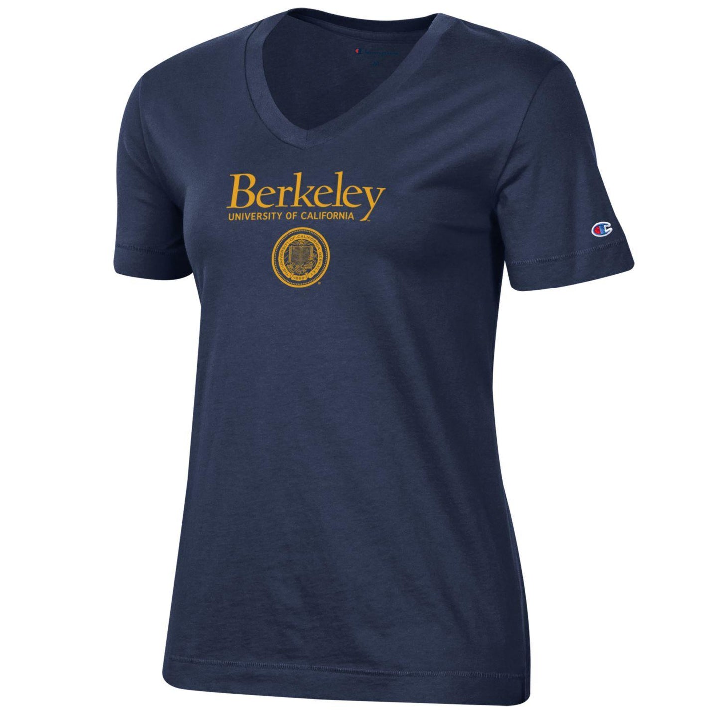 U.C. Berkeley Champion women's V-Neck T-Shirt with seal over University of California Berkeley-Navy-Shop College Wear