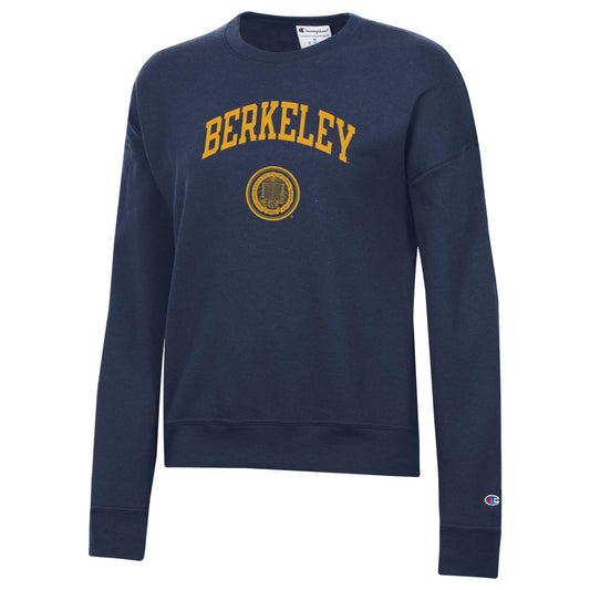 U.C. Berkeley Cal Champion women's arch & seal crew-neck sweatshirt-Navy-Shop College Wear