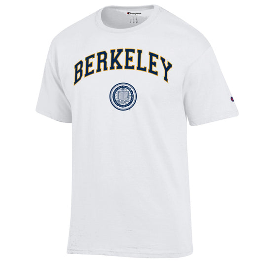 U.C. Berkeley Cal arch & seal Navy Gold Men's Champion T-Shirt-White-Shop College Wear