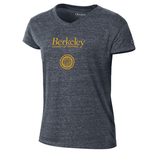 U.C. Berkeley Seal Champion triumph Women's V-Neck T-Shirt-Navy-Shop College Wear