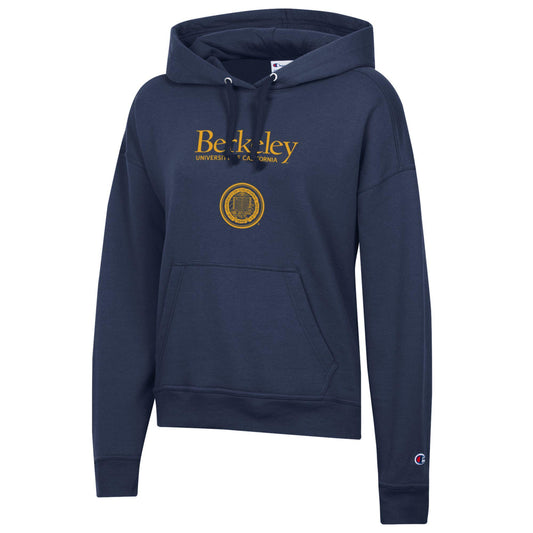 U.C. Berkeley stacked word mark over the school seal women's Champion fleece hoodie-Navy-Shop College Wear