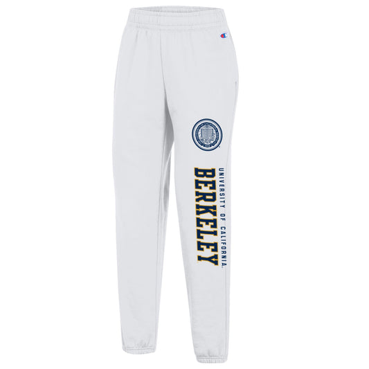 U.C. Berkeley Cal Champion women's sweat pants-White with a navy scholl seal printed on the leg over University of California navy down the pants over Berkeley in navy gold.