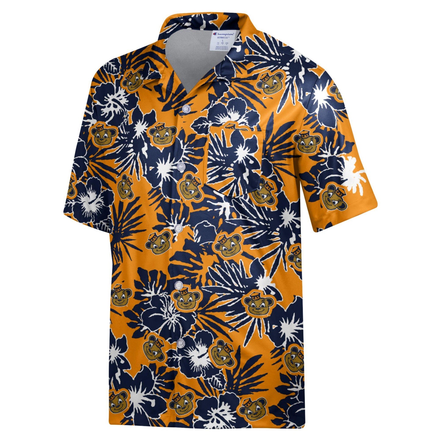 UC Berkeley Cal Champion Men's Hawaiian print and Oski sublimated button up shirt-White-Shop College Wear