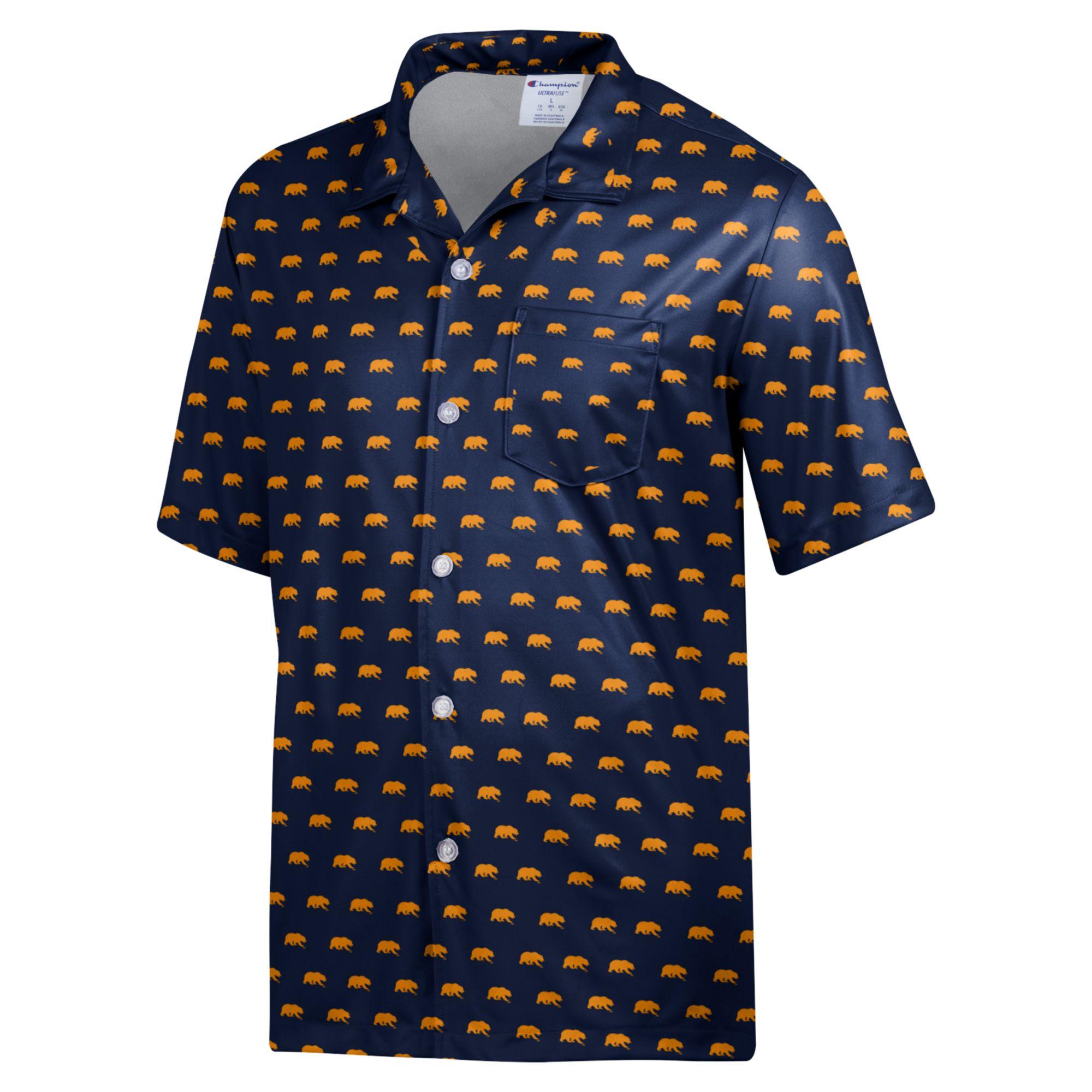 Cal Champion Men s Sublimated Button Up Shirt with Cal Bears Mascot Walking Bear