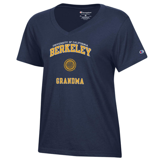 U.C. Berkeley double arch GrandMa Champion women's V-Neck T-Shirt-Navy-Shop College Wear