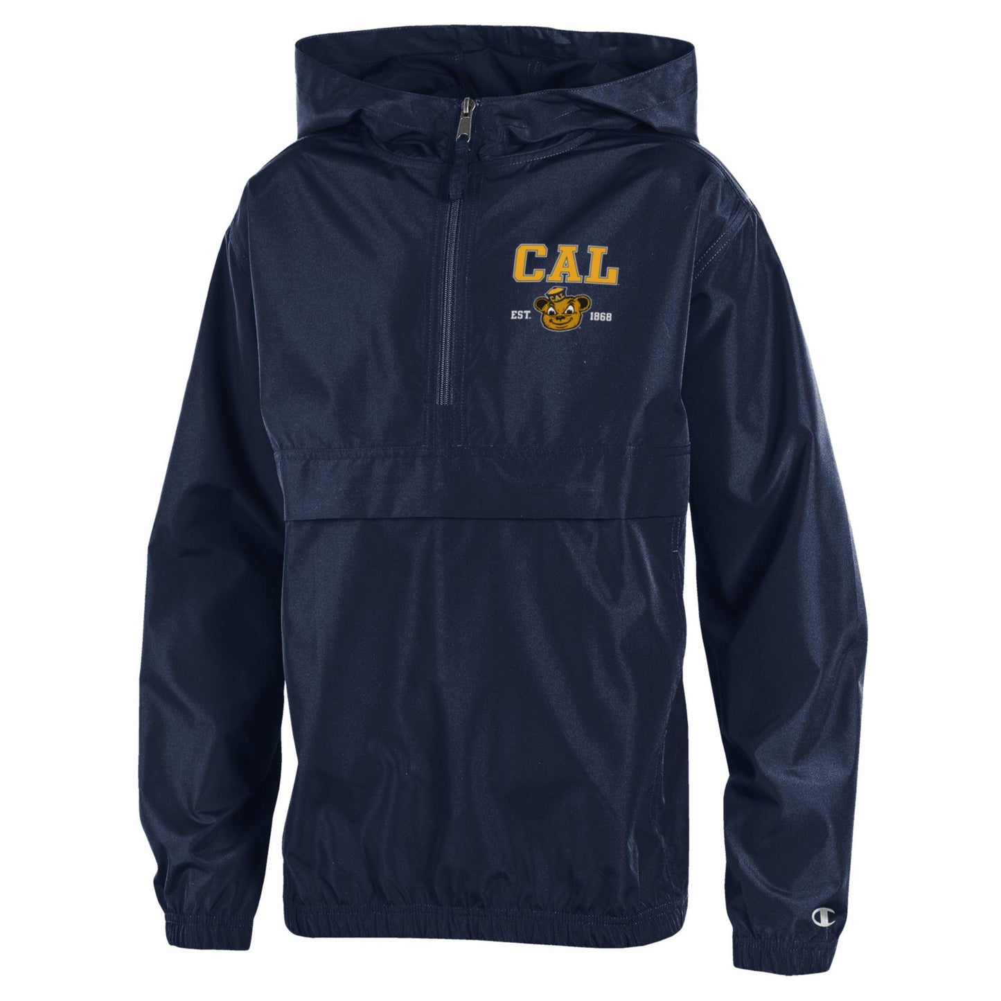 UC Berkeley Arch Above Oski Head Logo EST 1868 Champion Youth Pack N Go Jacket-Navy-Shop College Wear