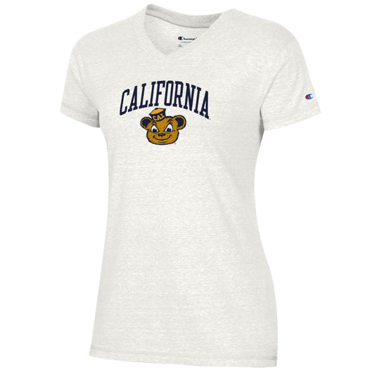 U.C. Berkeley Arch California Over Vintage Bear Oski women's Triumph V-neck T-Shirt-Ivory-Shop College Wear