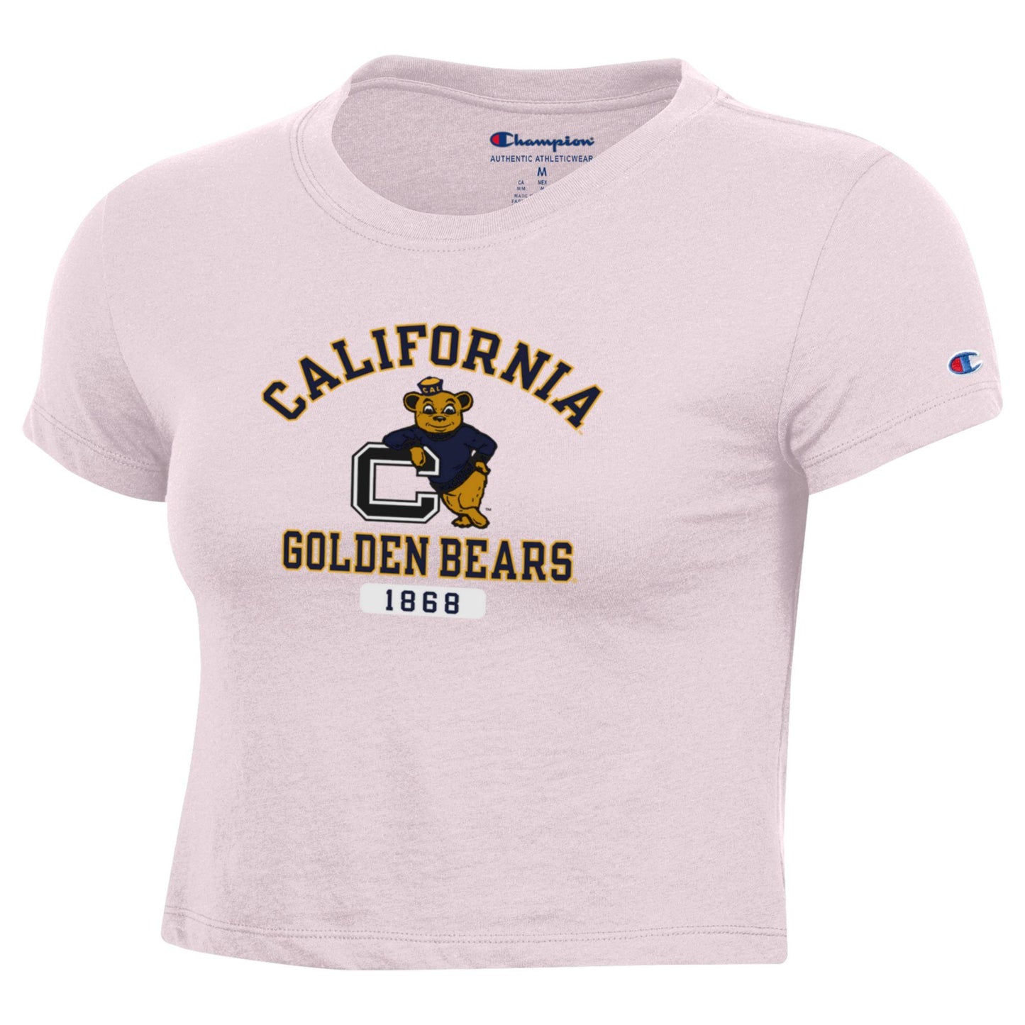 U.C. Berkeley- Arch California Over Bear Logo Over Straight Golden Bears 1868 Women's Baby Tee -PINK-Shop College Wear