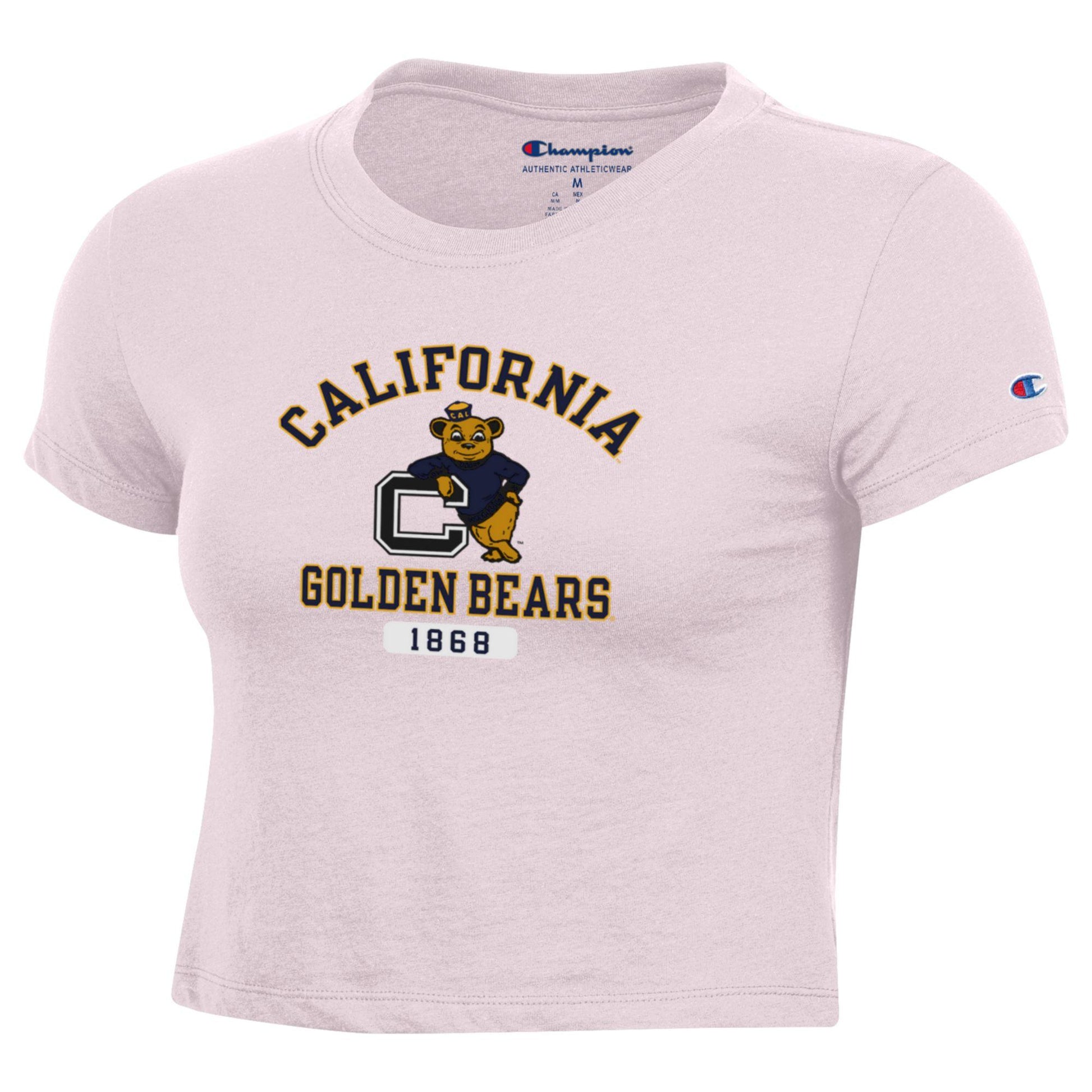 U.C. Berkeley- Arch California Over Bear Logo Over Straight Golden Bears 1868 Women's Baby Tee -PINK-Shop College Wear