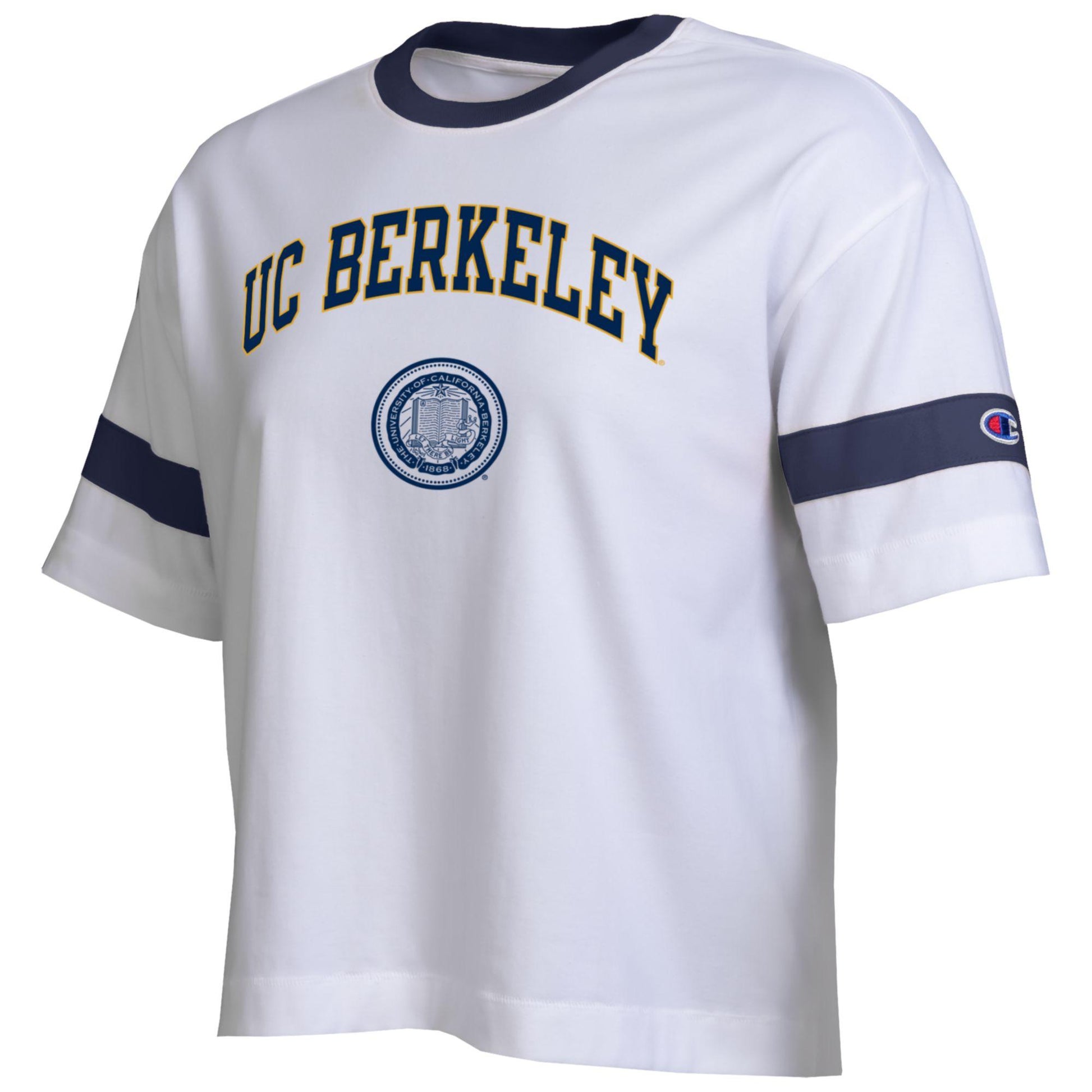 UC Berkeley arch and seal women's striped athletic shirt-Navy 