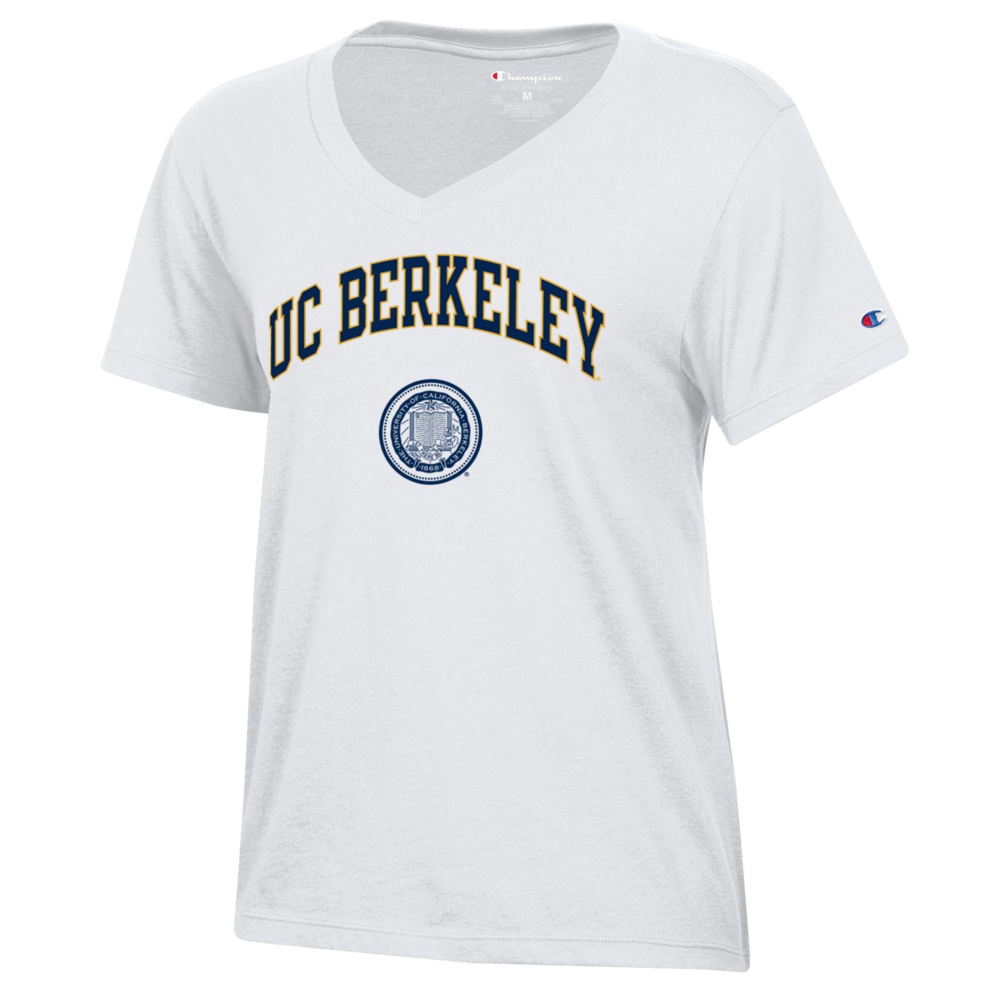 U.C. Berkeley arch and Seal women's V-Neck T-Shirt-White-Shop College Wear