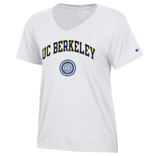 U.C. Berkeley arch and Seal women's V-Neck T-Shirt-White-Shop College Wear