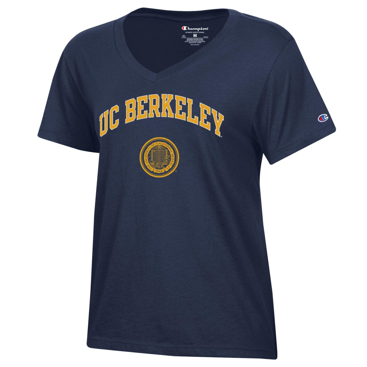 U.C. Berkeley Cal arch and seal Champion women's V-Neck T-Shirt-Navy-Shop College Wear