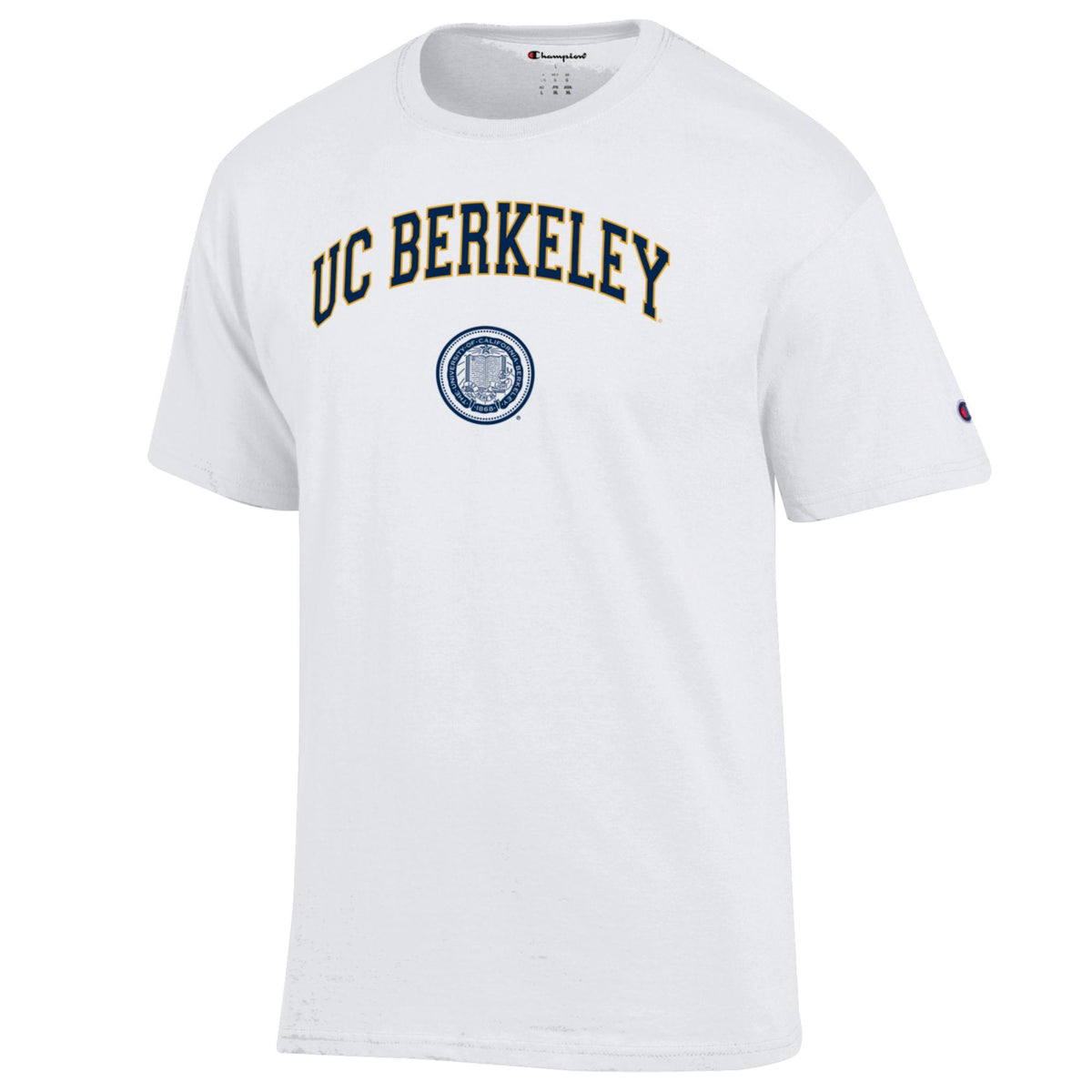 U.C. Berkeley Cal arch & seal Navy Gold Men's Champion T-Shirt-White-Shop College Wear