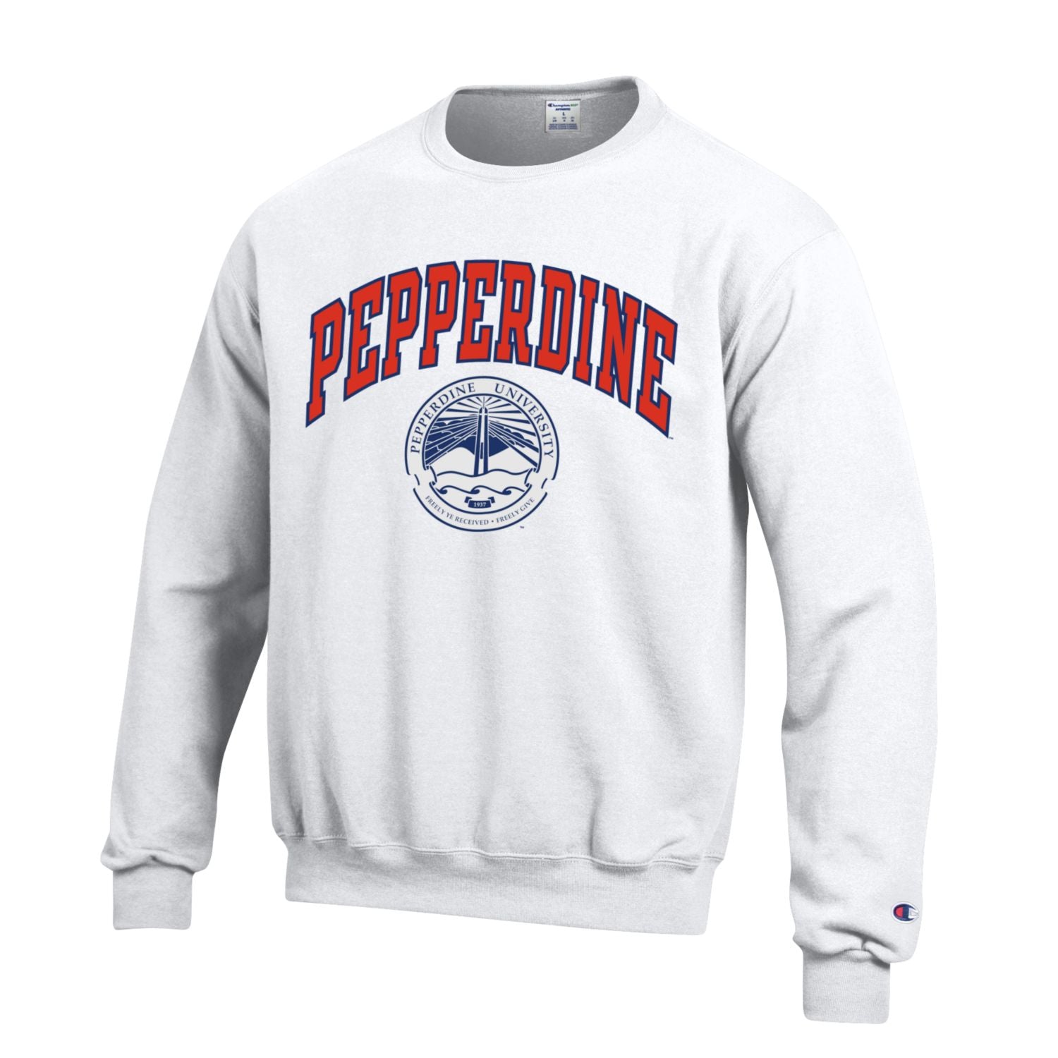 Pepperdine University Waves Arch & Seal Crew Neck Sweatshirt-White-Shop College Wear