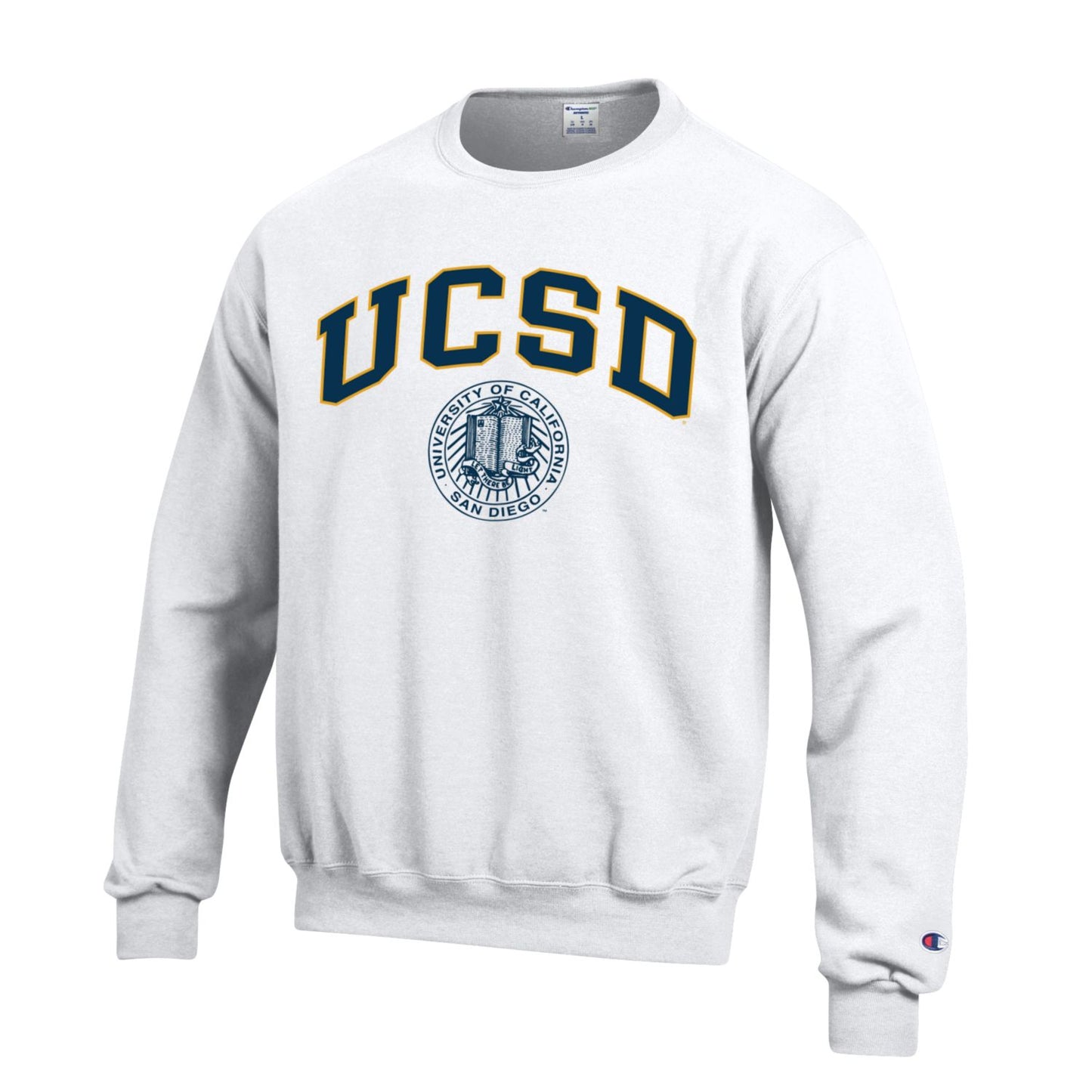 U.C. San Diego Tritons Block & Seal Champion Crew-Neck Men's Sweatshirt-White-Shop College Wear