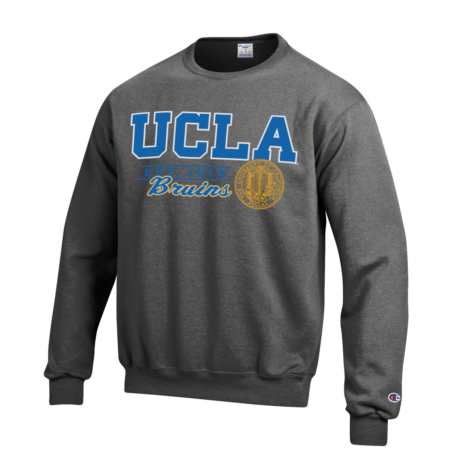U.C.L.A. Bruins Cursive Champion Crew-Neck Sweatshirt-Charcoal-Shop College Wear