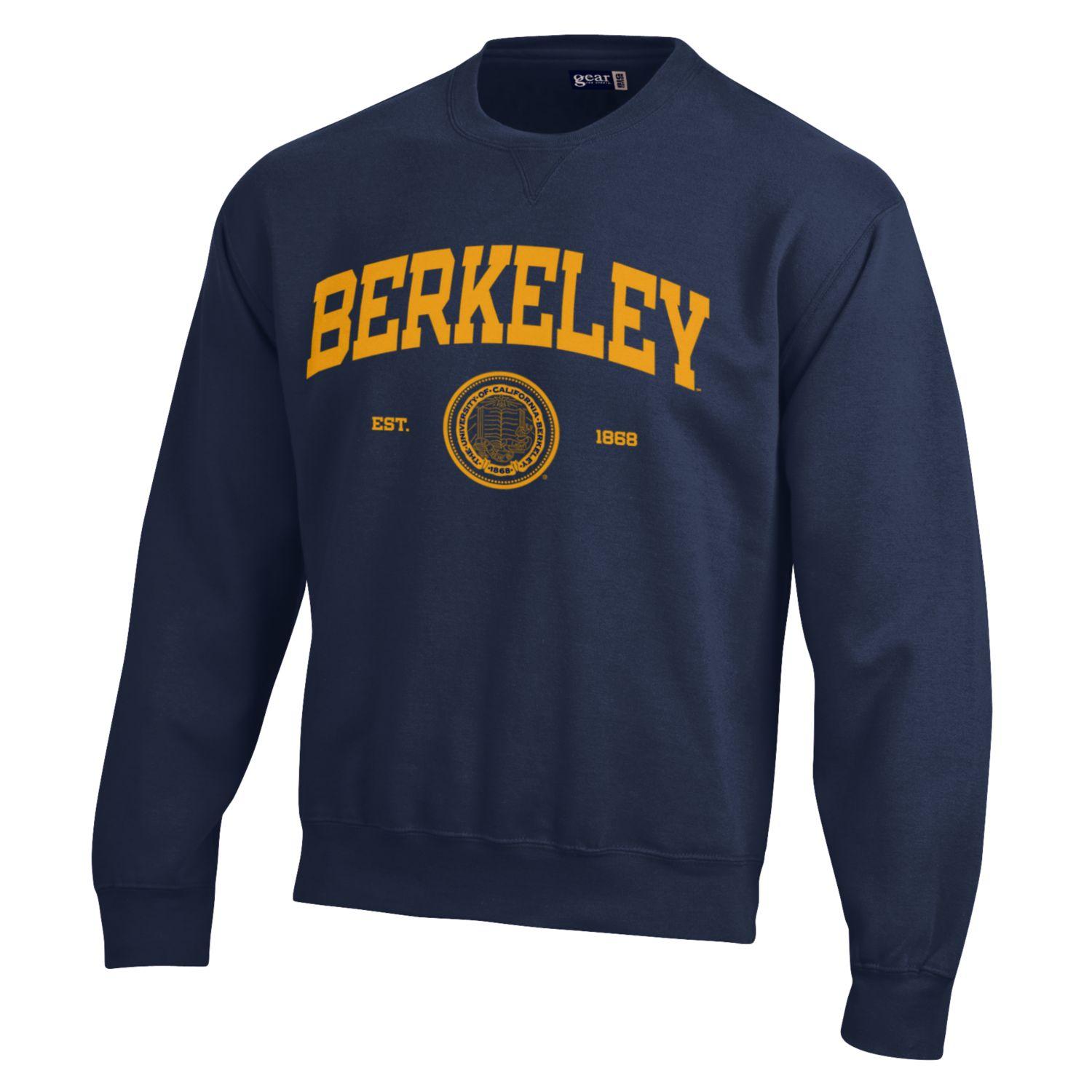 U.C. Berkeley arch & seal one ply applique cotton rich crew-neck sweatshirt-Navy-Shop College Wear