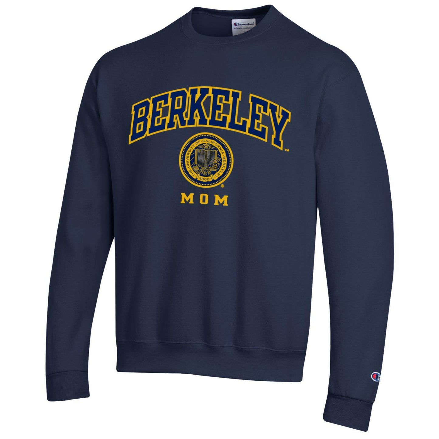 U.C. Berkeley Mom arch & seal double applique Versa Twill Champion crew-neck sweatshirt-Navy-Shop College Wear