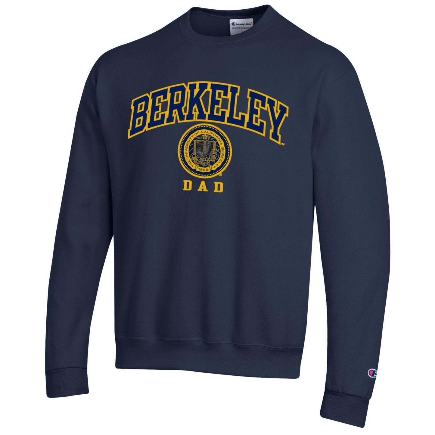 U.C. Berkeley Dad arch & seal double applique Versa Twill Champion crew-neck sweatshirt-Navy-Shop College Wear